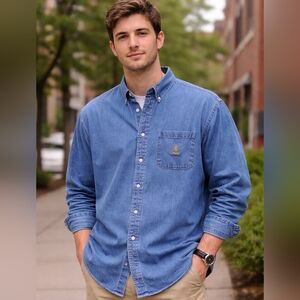 Chaps Ralph Lauren Mens XL Denim Jean Button Up Shirt Crest Preppy Old Money
